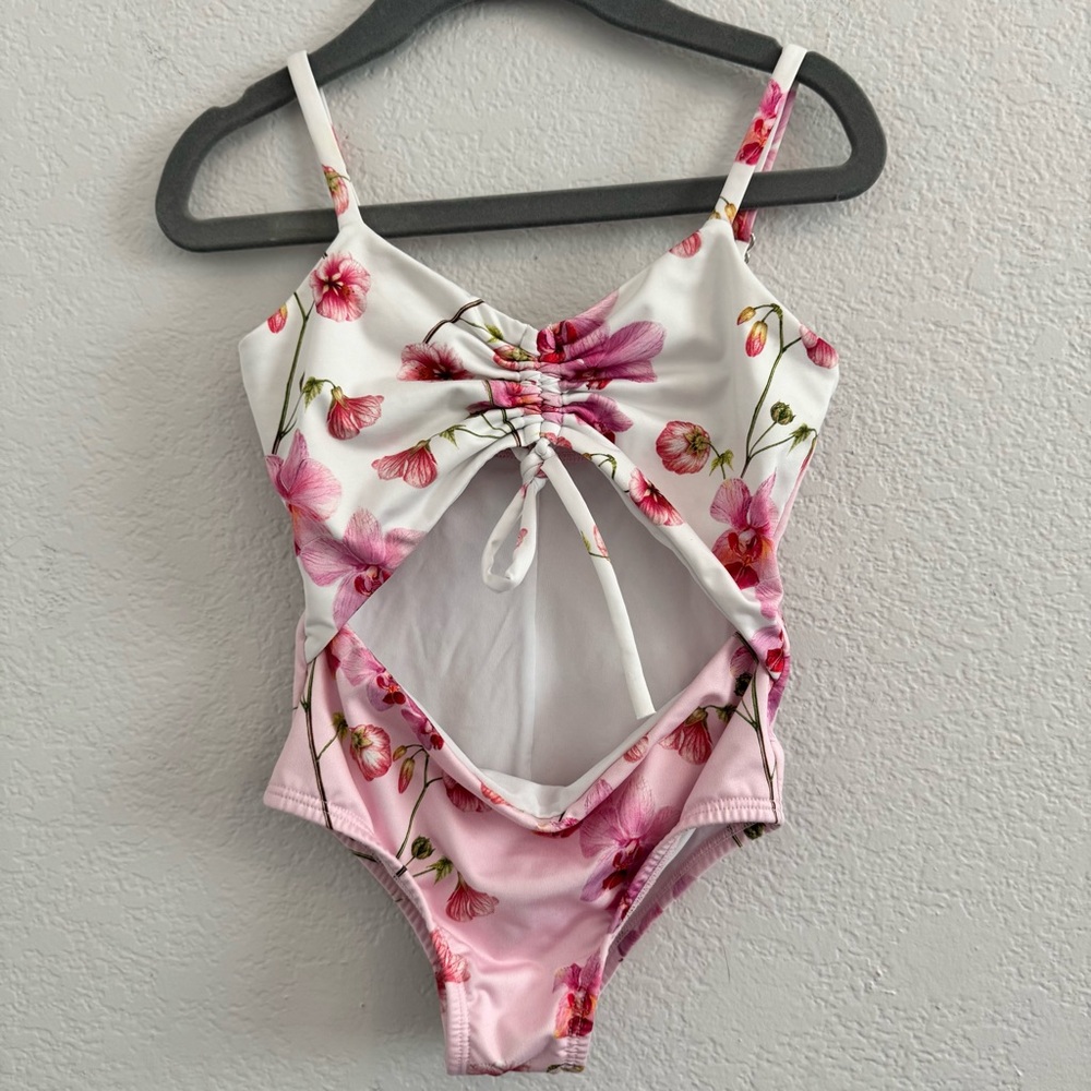 Submarine Pink and White One Piece Swimsuit with Floral Design. Toddle Size 3/4T